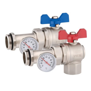 Кран шаровой угловой 1" с американкой и термометром (пара) VIEIR