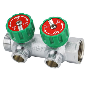 Коллектор распределительный 3/4" ВР/НР на 2 выхода 1/2" НР хромированный VARMEGA