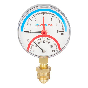 Термоманометр радиальный с запорным клапаном 1/2" (6 bar), d80, 120°С, VARMEGA