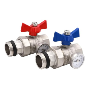 Кран шаровой прямой 1" с американкой и термометром (пара) VIEIR