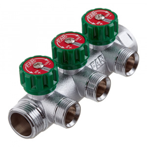 Коллектор регулирующий проходной 3/4" (ВР-НР) с 3 отводами 1/2" НР под плоское уплотнение MULTIFAR FAR