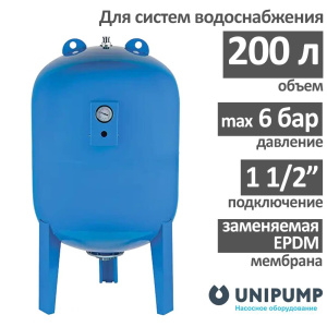 Гидроаккумулятор UNIPUMP (200 л., с манометром) вертикальный