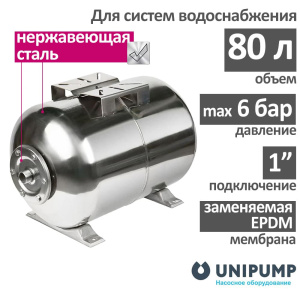 Гидроаккумулятор UNIPUMP (80 л., нерж. сталь) горизонтальный