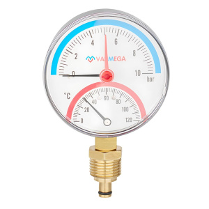Термоманометр радиальный с запорным клапаном 1/2" (10 bar), d80, 120°С, VARMEGA