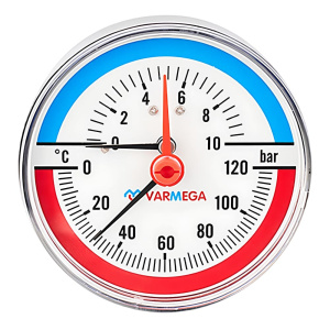 Термоманометр аксиальный с запорным клапаном 1/2" (10 bar), d80, 120°С, VARMEGA