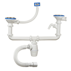 Сифон для мойки двойной 3 1/2"х40 мм с переливом, отводом и гибкой трубой 40/50 мм, ОРИО
