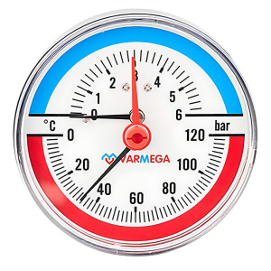 Термоманометр аксиальный с запорным клапаном 1/2" (6 bar), d80, 120°С, VARMEGA