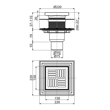 Трап душевой Alcaplast APV4444 150 х 150/50/75 мм со стальной решеткой, прямой
