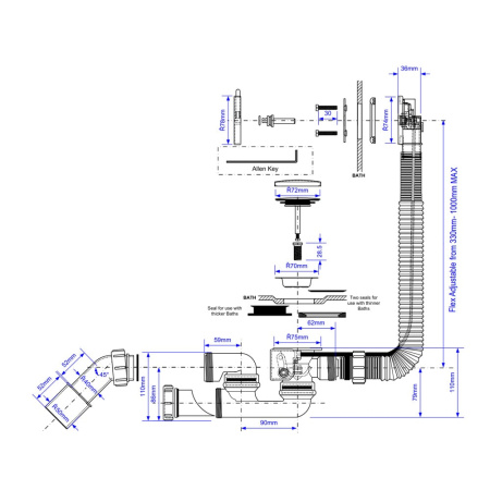 Сифон для ванны автомат McAlpine SLIM MP31SSF-CBR-1M хром с ревизией (40/50 мм L 1000 мм)