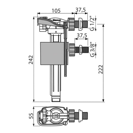 Впускной клапан боковой Alcaplast A160UNI 1/2" и 3/8" с металлической резьбой универсальный