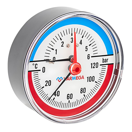 Термоманометр аксиальный с запорным клапаном 1/2" (6 bar), d80, 120°С, VARMEGA