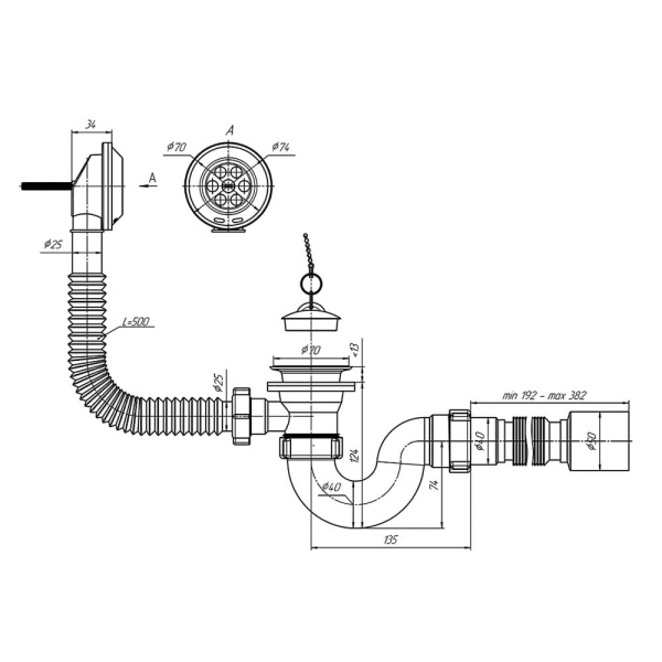Сифон для ванны с переливом 1 1/2" х 40/50 (с гофрой, прямоточный) Ани пласт