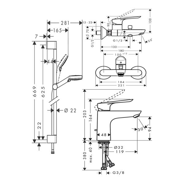 Набор смесителей для ванны, умывальника, душа Hansgrohe SetLogisE100C