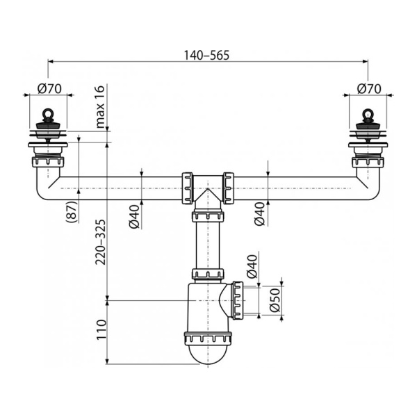Сифон для двойной мойки Alcaplast A449-DN50/40 с нержавеющей решеткой DN70