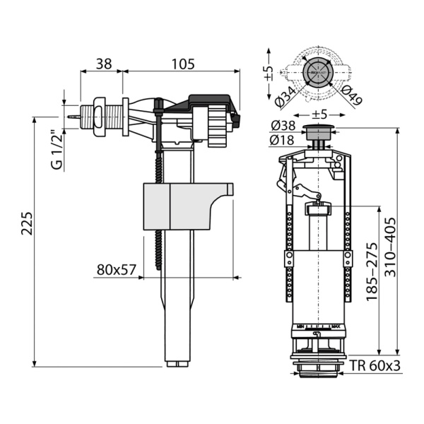 Выпускной комплект боковой Alcaplast SA2000K 1/2" CHROM-BL-01 со стоп кнопкой и металлической резьбой