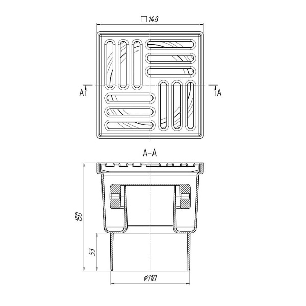 Трап для душа нерегулируемый вертикальный АНИПласт TQ1212 DN110 с "сухим" затвором и решеткой 150х150 из нержавеющей стали