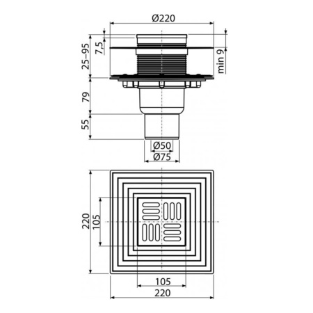 Трап душевой Alcaplast APV4344 105 х 105/50/75 мм со стальной решеткой, прямой