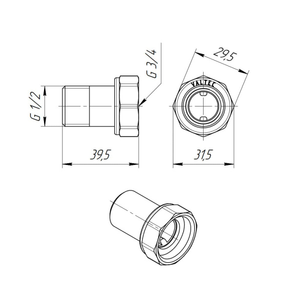 Полусгон с накидной гайкой 3/4" ВР х 1/2" НР Valtec Полусгон с накидной гайкой 3/4" ВР х 1/2" НР Valtec