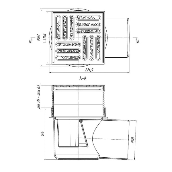 Трап для душа регулируемый горизонтальный АНИПласт ТQ1612 DN110 с "сухим" затвором и решеткой 150х150 из нержавеющей стали