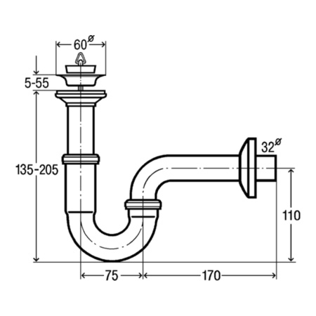 Сифон трубный для умывальника хромированный с выпуском 1"1/4 х 32 мм Viega