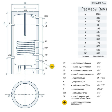 Бойлер косвенного нагрева RISPA RBFN NEO 160 напольный из нержавеющей стали