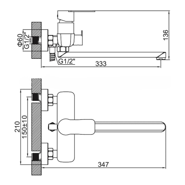 Смеситель для ванны Ledeme L72218 с длинным изливом