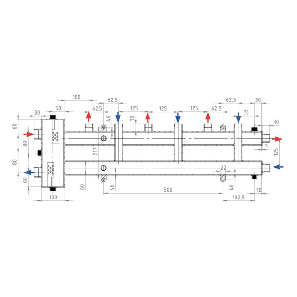 Гидравлический разделитель совмещенный с коллектором, 3+1 вых. квадратный (наржавеющая сталь) VIEIR