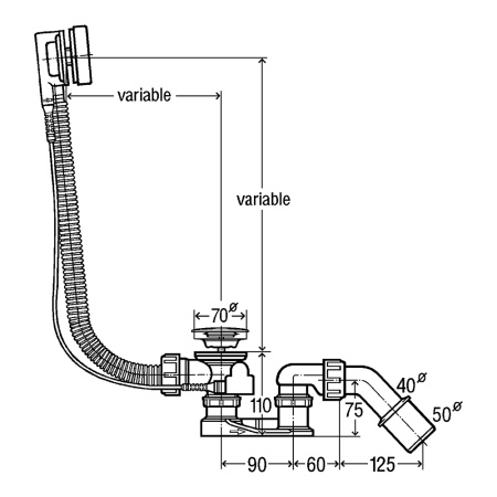 Сифон для ванны полуавтомат с переливом 725 х 52 х 40/50 мм Viega