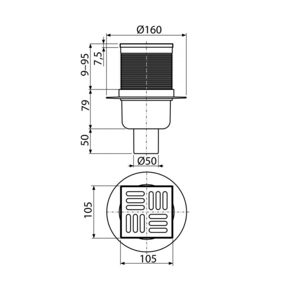 Трап душевой Alcaplast APV32 105 х 105/50 мм со стальной решеткой, прямой Трап душевой Alcaplast APV32 105 х 105/50 мм со стальной решеткой, прямой