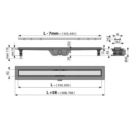 Трап для душа с двойной решеткой (цельнометаллическая + под плитку) 650 мм Alcaplast APZ19