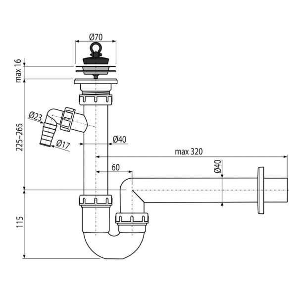 Сифон для мойки Alcaplast A810-DN40 трубчатый с нержавеющей решеткой DN70 и штуцером