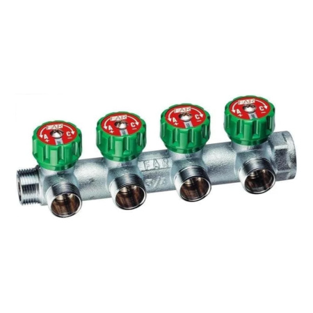 Коллектор регулирующий проходной 3/4" (ВР-НР) с 4 отводами 1/2" НР под плоское уплотнение MULTIFAR FAR