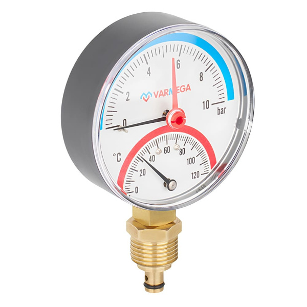 Термоманометр радиальный с запорным клапаном 1/2" (10 bar), d80, 120°С, VARMEGA