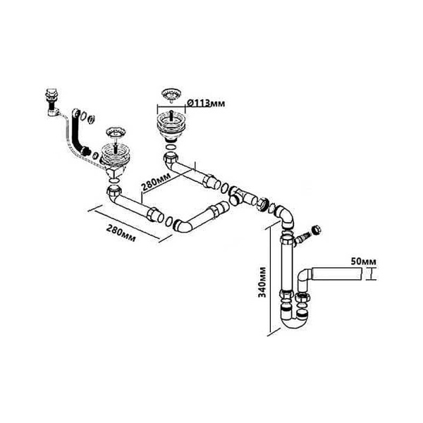 Сифон для двойной мойки автомат 1 1/2" х 50 мм с удлинителями и круглым переливом SPACE SAVING