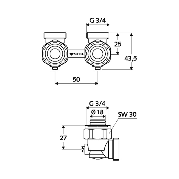 Клапан двухтрубный угловой 3/4" Schell 14 202 04 99