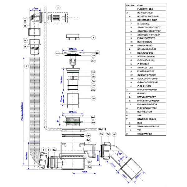 Сифон для ванны CLICK-CLACK McALPINE HC2600CLOV в прямоугольным переливом