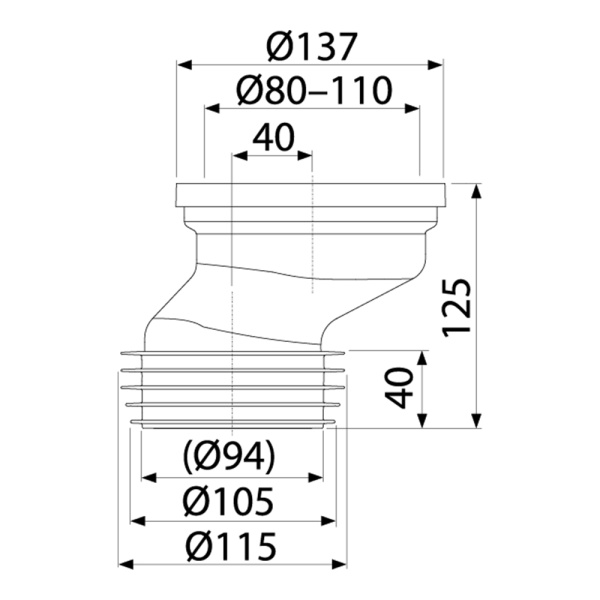 Патрубок для унитаза эксцентрический 40 мм Alcaplast A991-40 Патрубок для унитаза эксцентрический 40 мм Alcaplast A991-40