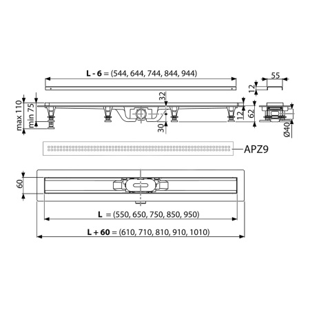 Трап для душа с решеткой 950 х 75 мм Alcaplast APZ9-950M