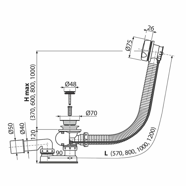 Сифон для ванны автомат AlcaPlast A51B белый, 57 см Сифон для ванны автомат AlcaPlast A51B белый, 57 см