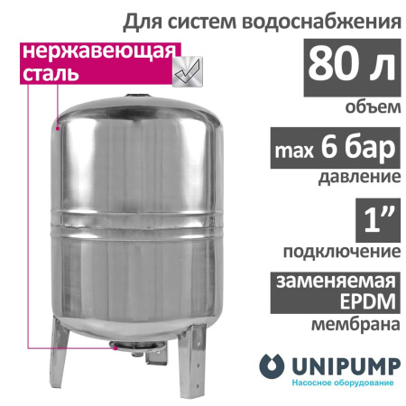 Гидроаккумулятор UNIPUMP (80 л., нерж. сталь) вертикальный