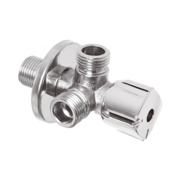 Кран шаровой угловой 3-х ходовой 1/2" х 3/4" х 3/4" для стиральных и посудомоечных машин TWIN arco Кран шаровой угловой 3-х ходовой 1/2" х 3/4" х 3/4" для стиральных и посудомоечных машин TWIN arco