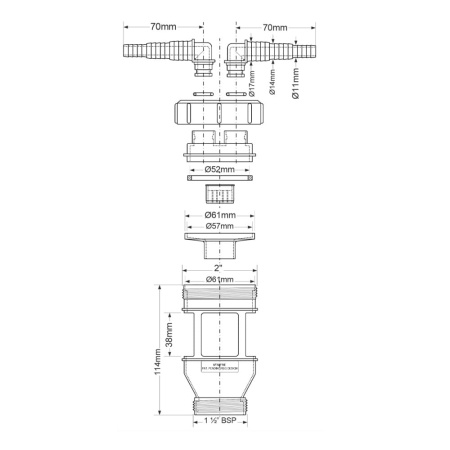 Воронка приемная 1 1/4" НР с двумя горизонтальными штуцерами 11/14/17 мм McALPINE