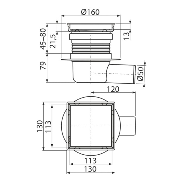 Трап из нержавеющей стали 130 х 130 мм Alcaplast APV140S с двусторонней решеткой и комбинированным гидрозатвором SMART