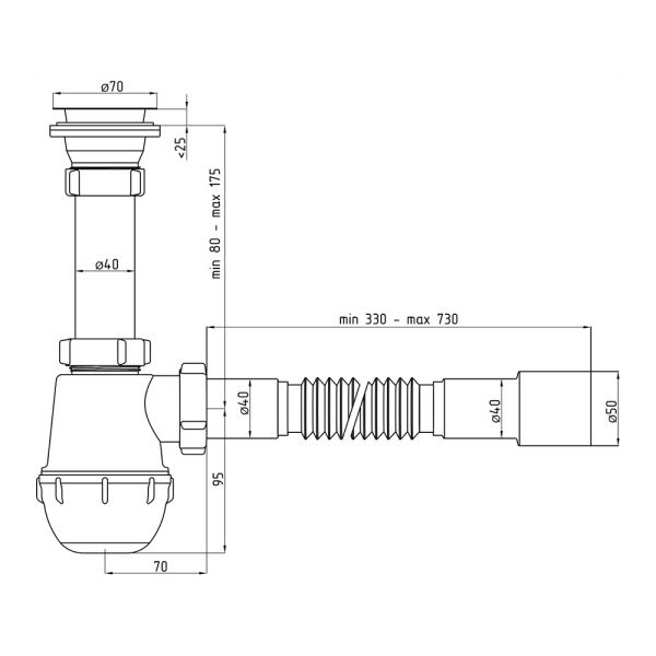 Сифон для мойки 1 1/2" с гибкой трубой 40 х 40/50 мм Ани Грот А0115