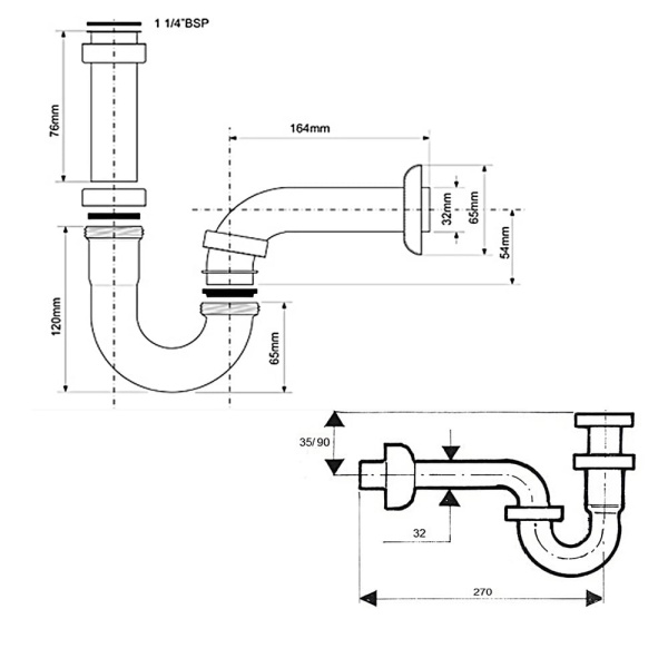 Сифон для умывальника McAlpine 215CB 1 1/4" х 32 мм, латунь