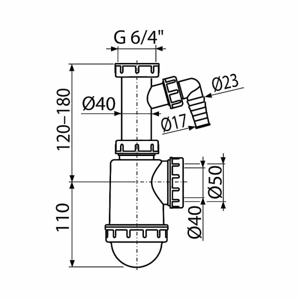 Сифон для мойки Alcaplast A443P-DN50/40 с накидной гайкой 6/4" и штуцером