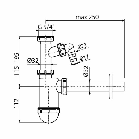 Сифон для умывальника DN32 Alcaplast A430P с накидной гайкой 5/4" и штуцером