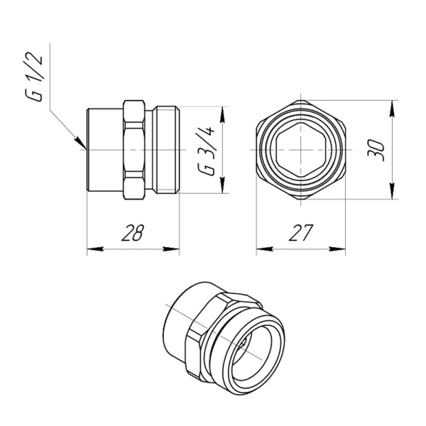 Переходник на евроконус ВР/НР 1/2 x 3/4"ЕК латунь, Valtec