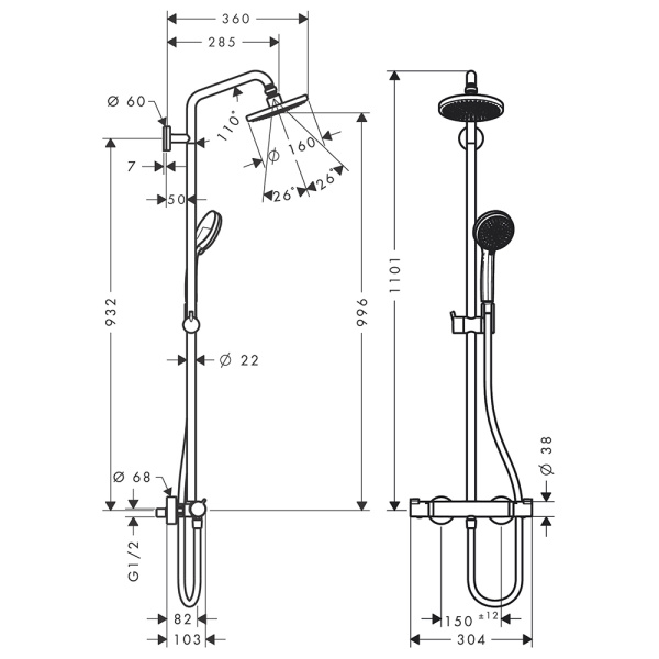 Термостатическая душевая система Hansgrohe Croma 160 Showerpipe 27135000