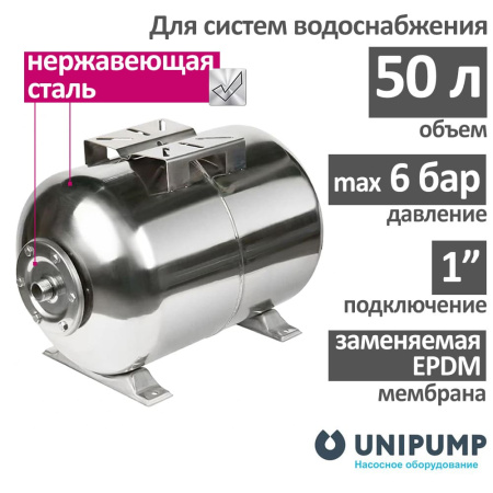 Гидроаккумулятор UNIPUMP (50 л., нерж. сталь) горизонтальный